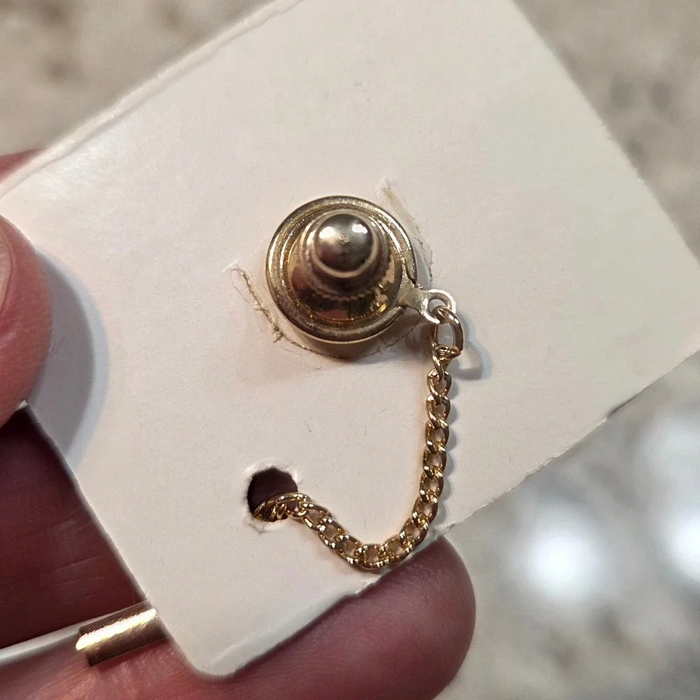 Vintage Goldwall Tie Tack Gold Tone Square Etched Leaf Clear Stone Safety Chain